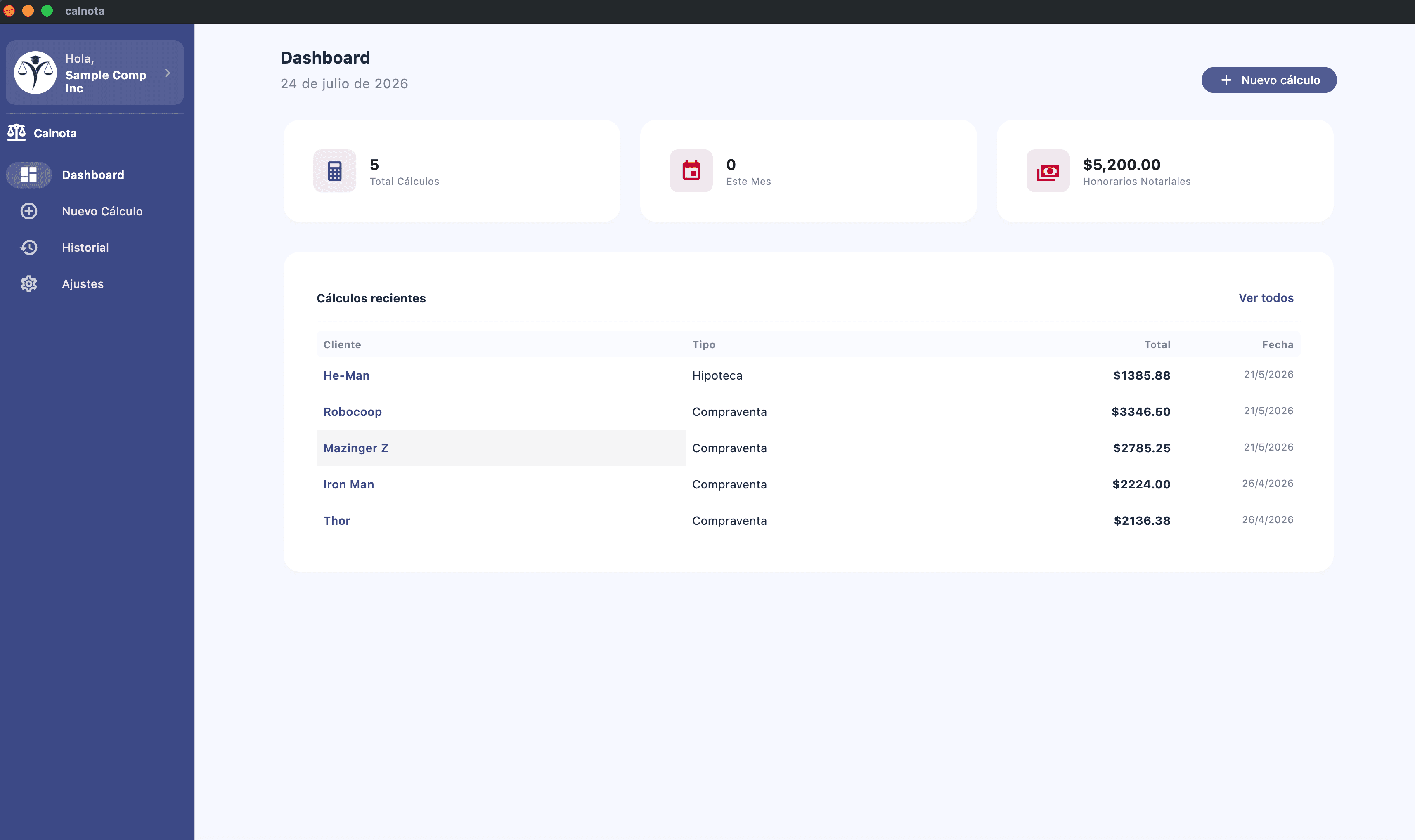 Calnota Windows — Dashboard